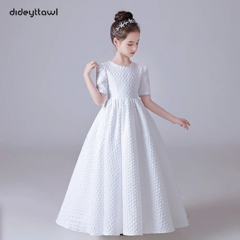 Dideydress-saia branca Puff para meninas, mangas curtas, vestido de dama, flor elegante, festa de casamento, concerto, júnior
