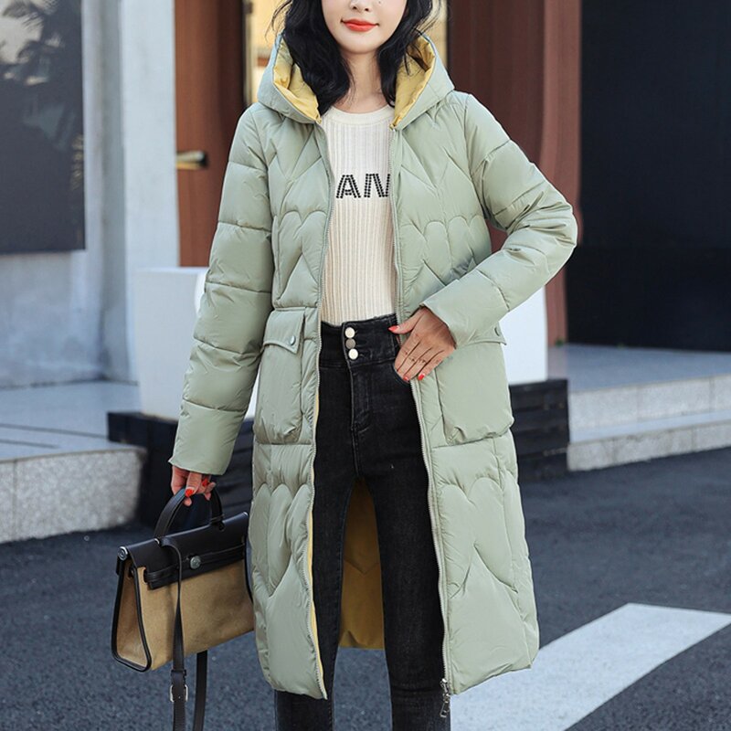 2023 Winter Jacket Women Parka Casual Solid Pocket Hooded Thick Warm Long Female Coat Korean Style Down Cotton Jacket Parkas