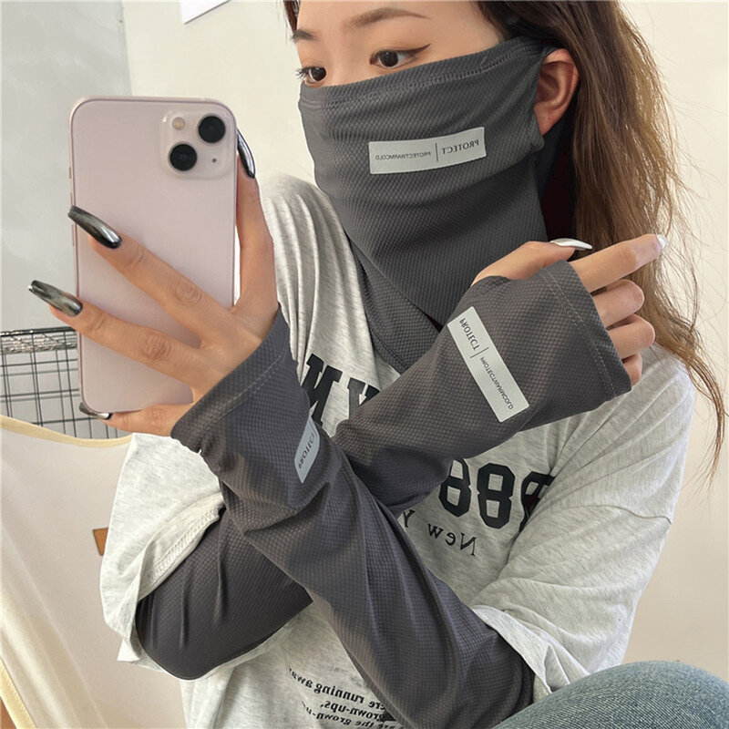 Summer Sleeve Mask Sunscreen Anti-UV Cooling Breathable Solid Color Outdoor Running Cycling Arm Face Protection Supplies