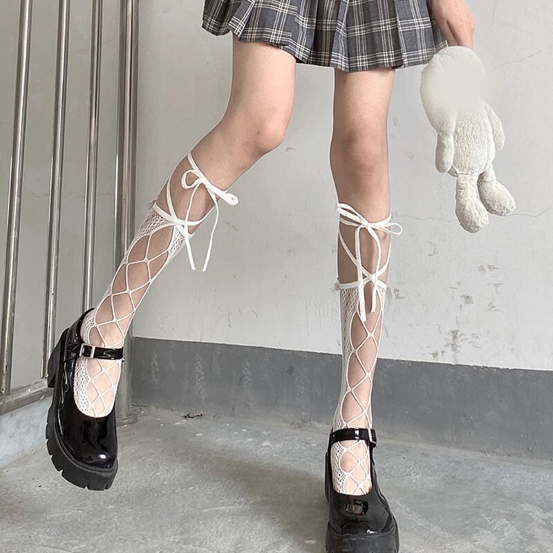 Kaus kaki anak perempuan Lolita Jepang kaus kaki betis jaring ikan stoking tabung sedang pita renda berlubang manis Gotik Harajuku