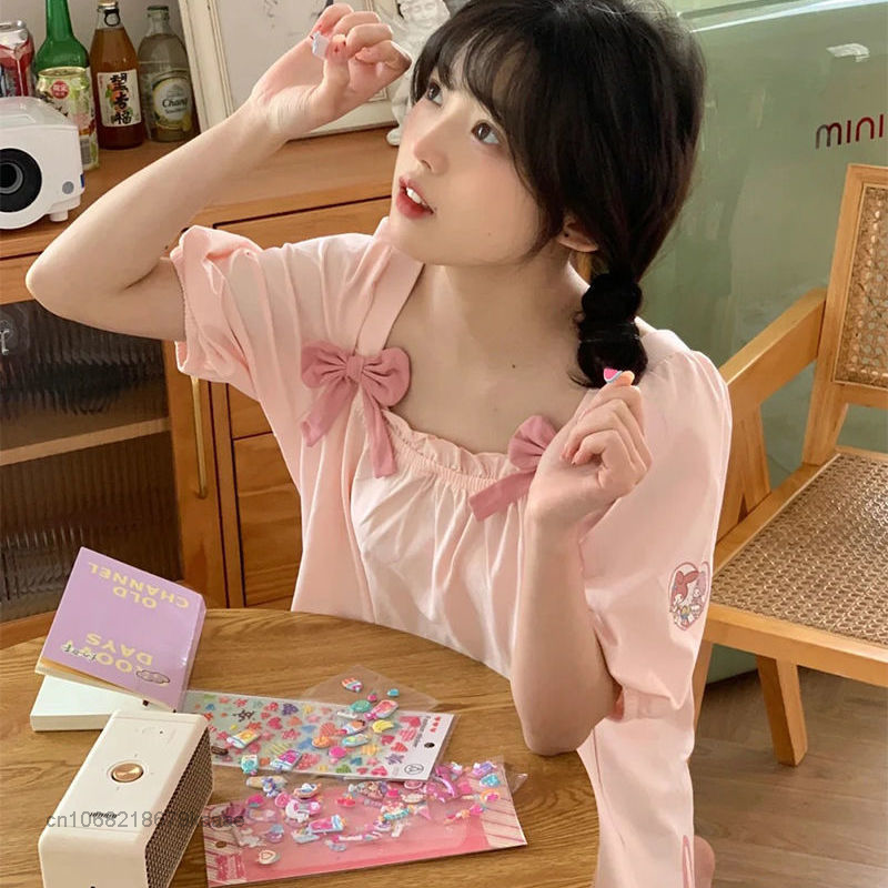 Sanrio-멜로디 뉴 홈 의류 여성용, 스위트 핑크 드레스 짧은 소매 Y2k 카와이 원피스 잠옷, 여성 패션 나이트 드레스