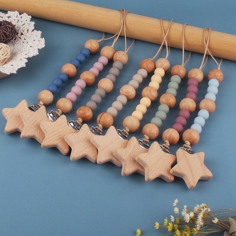 Clip Wooden Beech Wood Beads Anti-drop Silicone Baby Pacifier Chain Molar Chain Pacifier Clips Chains Nipple Holder