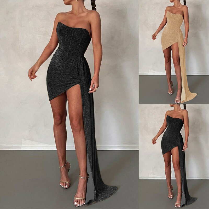 Mini vestidos Bodycon sem alças para mulheres, espartilho elegante, vestidos sexy ruched, brilho, lantejoula brilhante, vintage