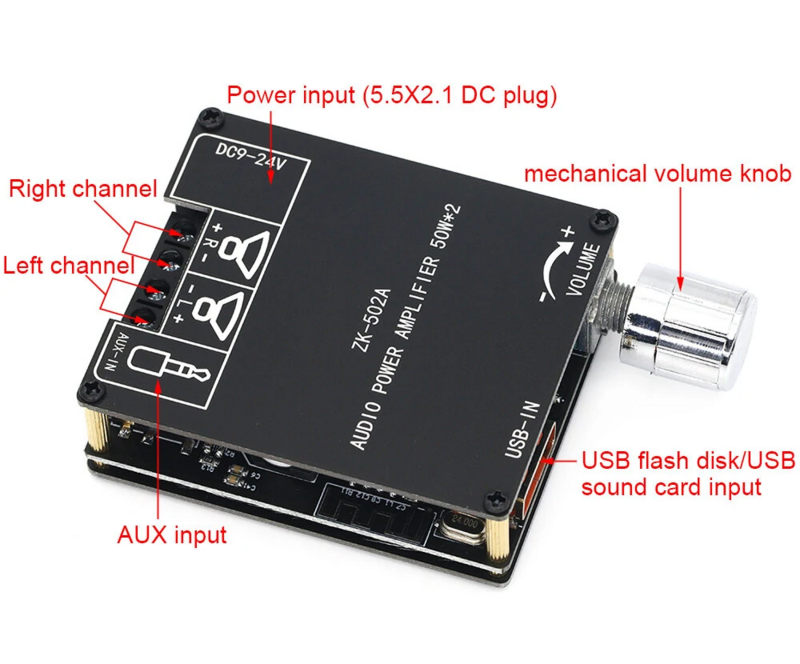 ZK-502A 블루투스 오디오 디지털 전력 증폭기 보드 모듈, 2.0 스테레오 듀얼 채널, 50W + 50W