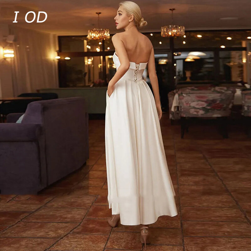 I OD Minimalist Strapless Satin Wedding Dress Slim Fit A-line Women's Wedding Dress De Novia New