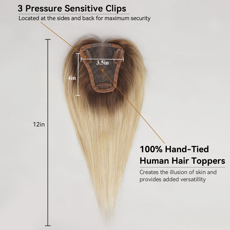 Remy Toppers de cabelo humano para mulheres, parte reta e média, base de seda, clipe no Topper, loiro marrom Ombre, 100% pedaço de cabelo humano, 12 pol