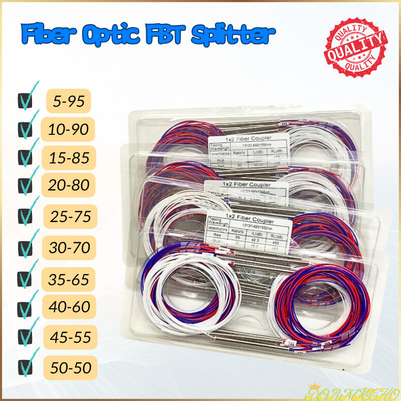 Divisor de fibra óptica sin conectores FBT, 10 piezas, 1x2, 0,9mm, 10/90, 20/80, 30/70, 40/60, varios tipos, acoplador no equilibrado