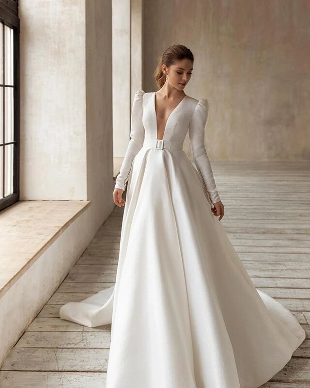 Gaun pernikahan elegan klasik gaun pengantin Satin model A-Line jubah lengan panjang leher-v untuk pesta Formal 2024 gaun pengantin 2023