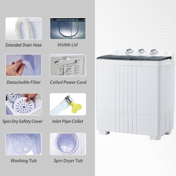 HABUTWAY 휴대용 세탁기, 세탁기 및 건조기 콤보 트윈 욕조 세탁물, 2 인 1 세탁기 (12Lbs) 및 스피너 (8Lbs), 20Lbs 용량