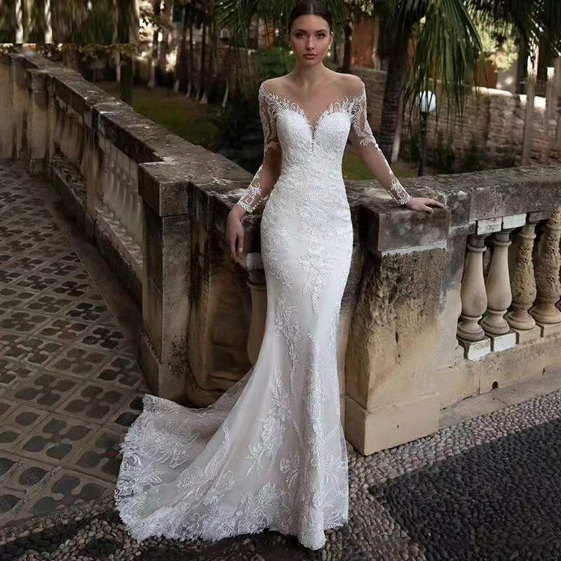 Elegant White Applique Lace Mermaid Wedding Party Gown with Illusion Back V-Neck Bride Gown for Women Vestido De Casamento#11527