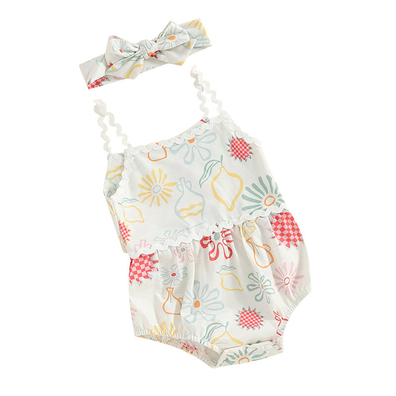 Baby Girls 2Pcs Summer Outfits Sleeveless Floral Print Strap Romper Headband Set Newborn Clothes