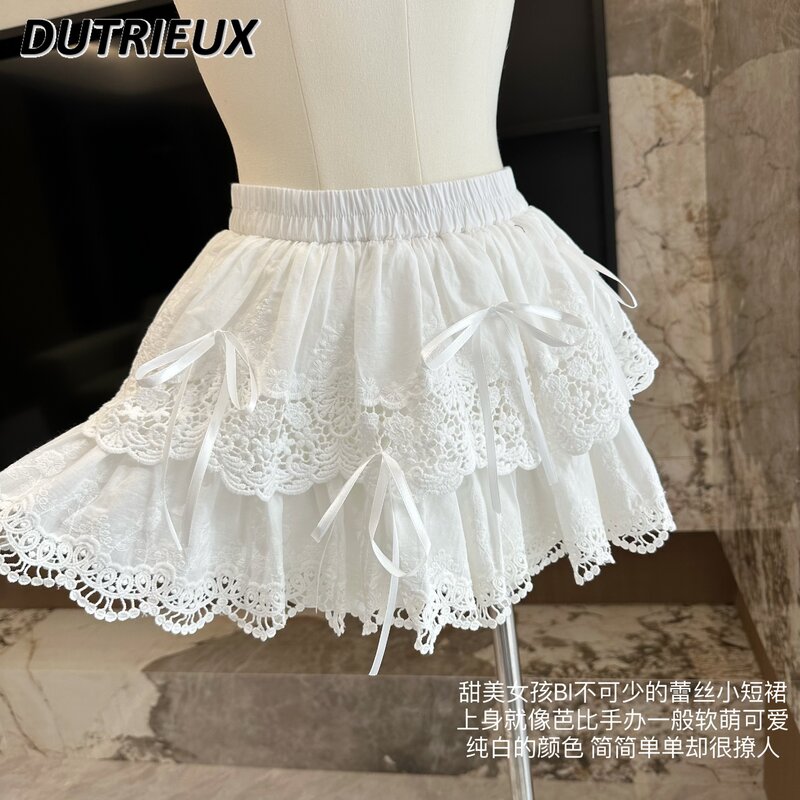 Милая Кружевная белая юбка принцессы с бантом для женщин, Новинка весна-лето 2024, плиссированная юбка с высокой талией, юбки в стиле «лолита» для колледжа