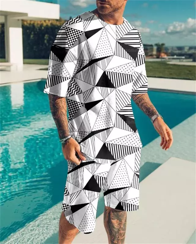 Setelan baju olahraga pria musim panas, setelan baju olahraga kasual ukuran besar leher bulat 2 potong, kaus pantai motif 3D kotak-kotak, pakaian olahraga pria musim panas