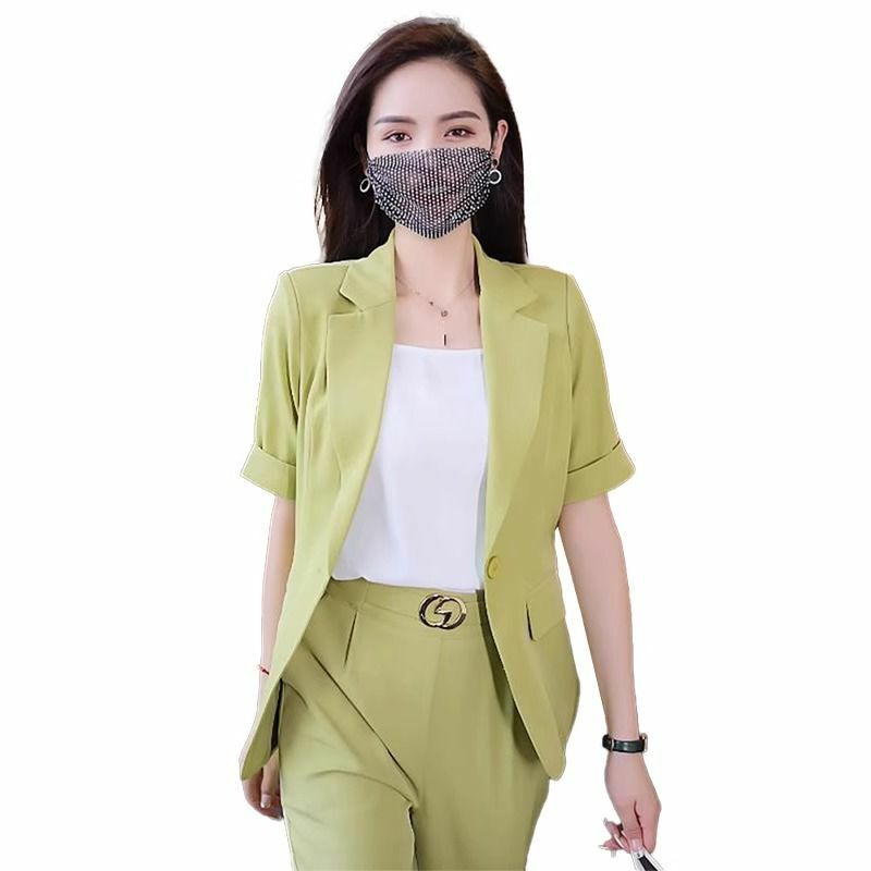Женский костюм из двух предметов, элегантный пиджак с коротким рукавом и брюки в Корейском стиле, лето 2024