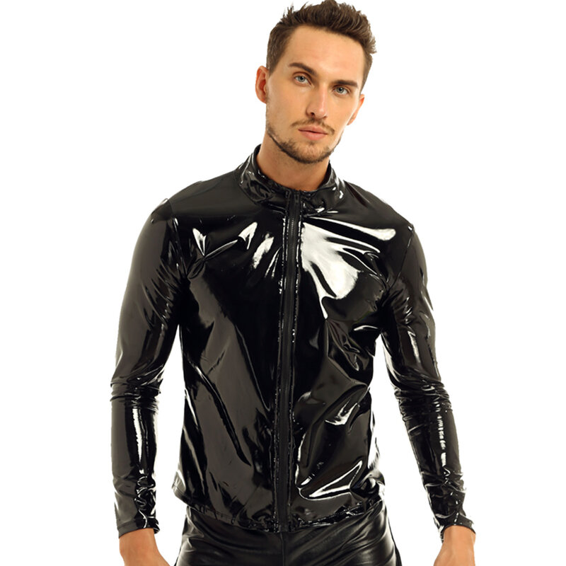 Men Shiny Metallic Long Sleeve Front-Zip Stand Collar Tops Wet Look Patent Leather Nightclub Style T-shirt Top Coat