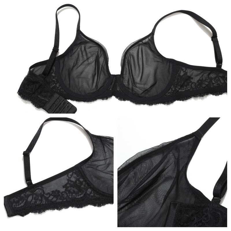 Women's Sheer Bra Plus Size Sexy See Through  Lace Full Coverage Transparent Underwire Unlined Mesh Bras