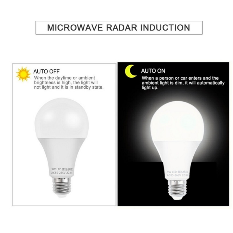 Bombilla de Radar LED E27 de 10 piezas, 5/7/9/12W, 85-265V, Sensor de movimiento PIR, luz blanca para patio, lámpara inteligente recubierta de plástico