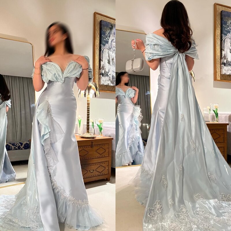 Abito da ballo sera Arabia saudita perline di raso pieghettata drappeggiata compleanno a-line Off-the-spalla abito da occasione su misura abiti lunghi
