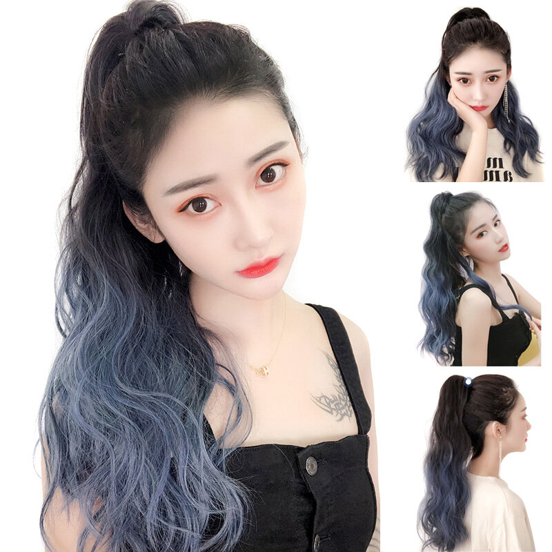 Extensiones de cabello largo y rizado para mujer, coleta sintética resistente al calor, color negro a azul, para uso diario