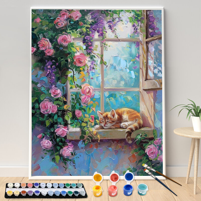 Dipinto a mano gatto e finestra sotto le rose fiori pittura acrilica con i numeri Kit opere d'arte fai da te Canva Art GiftHome decorazione regalo