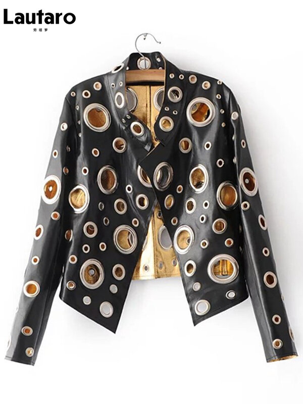 Lautaro รันเวย์ตัดออกเสื้อหนัง Faux Golden Rivet Cool Stylish Designer เสื้อผ้าสตรียุโรปอเมริกันแฟชั่น2022