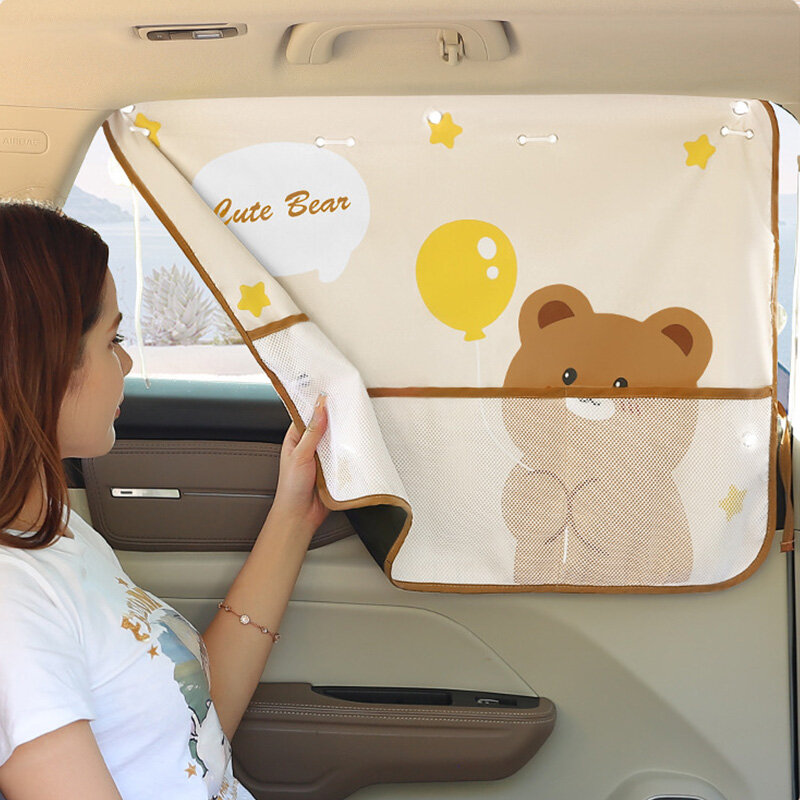 Cortina de ventana de coche con bolsa de almacenamiento, parasol de dibujos animados, oso, conejito, asiento de coche para niños, cortinas de aislamiento de protección solar