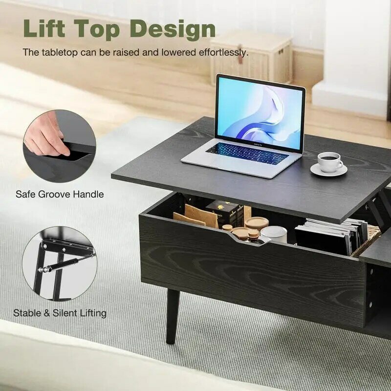 A! Lift Top Coffee Table, Coffee Table with Hidden Sliding Storage Drawer, Modern Coffee Desk for Living Room