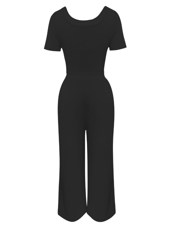 LW-conjunto informal de dos piezas para mujer, top corto de cuello redondo y pantalones de pierna ancha, ropa de verano Lisa a la moda