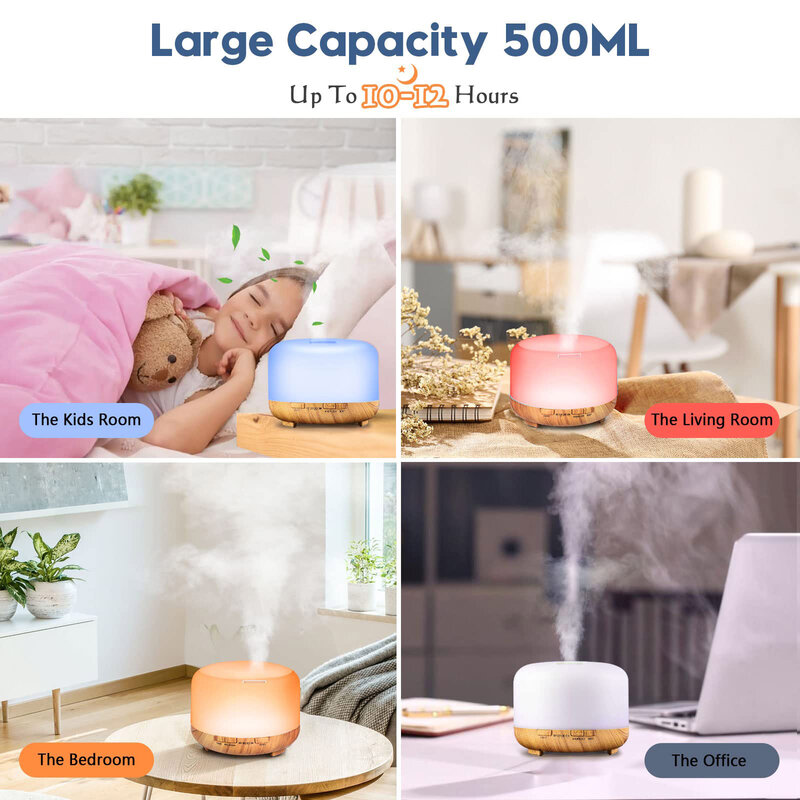500ML Aroma Diffuser Wood Grain Color, 5V 2A Essential Oil Aromatherapy Diffuser Humidifier with Remote Control  for Home Office