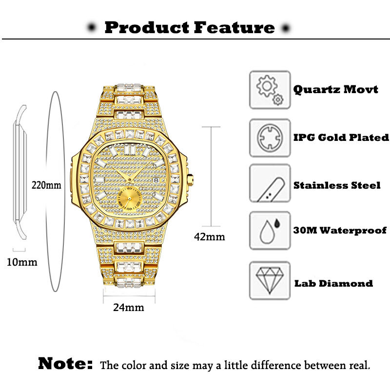 MISSFOX luksusowy męski zegarek złoty Model 18K w pełni wybrukowany diamentowy bagietka zegarki męskie wodoodporne zegarek męski z kalendarzem godziny