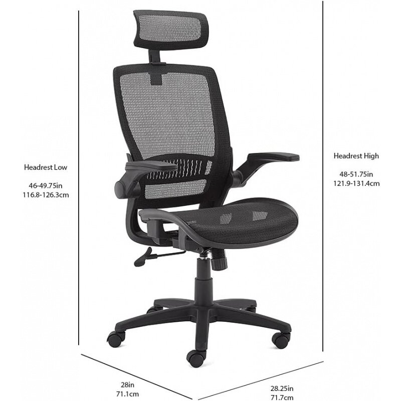 Basics-silla ergonómica ajustable de Espalda alta con brazos abatibles y reposacabezas, asiento de malla contorneada, color negro, 25,5 "D x 26,25" W