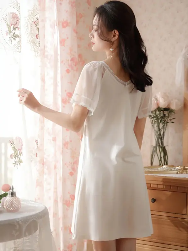 Camisola acolchoada de algodão de manga curta vitoriana para mulheres, malha de renda princesa vintage, camisolas em v-neck, pijama verão
