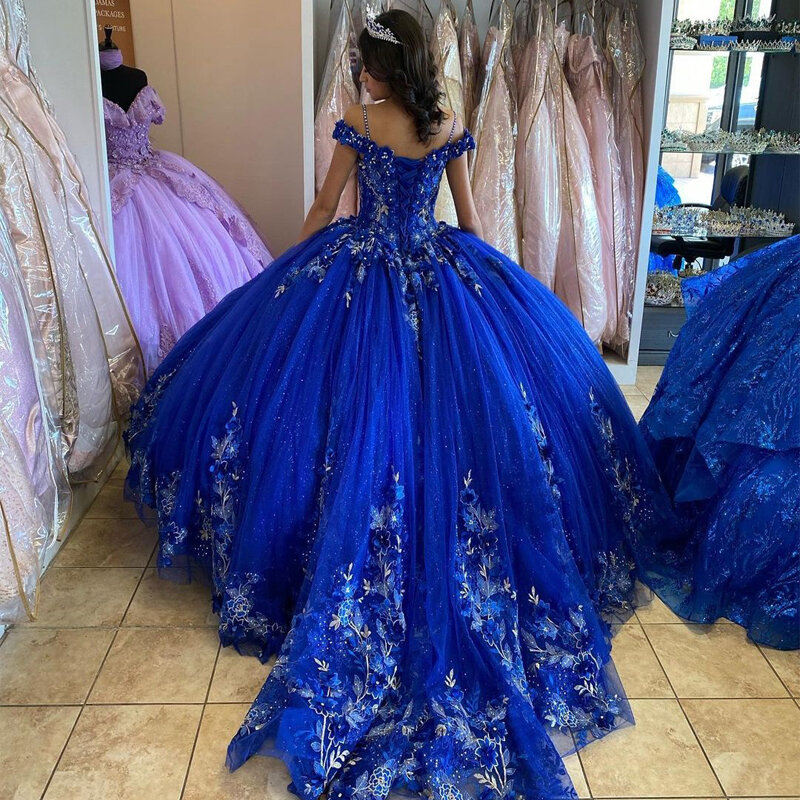 Gaun pesta berpayet biru Royal gaun pesta dansa gaun kristal bunga buatan tangan manis 15 pakaian pesta
