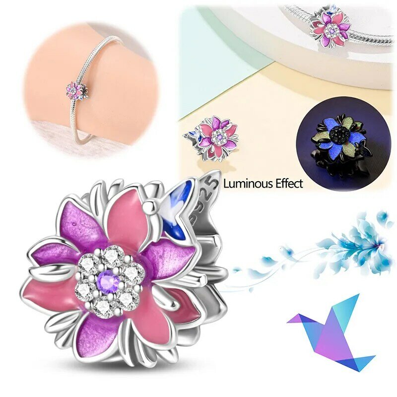 925 srebrna nocna świecąca motyl literka kwiatowa pasujące Charms bransoletka Pandora dla kobiet koraliki DIY biżuteria prezenty na przyjęcia