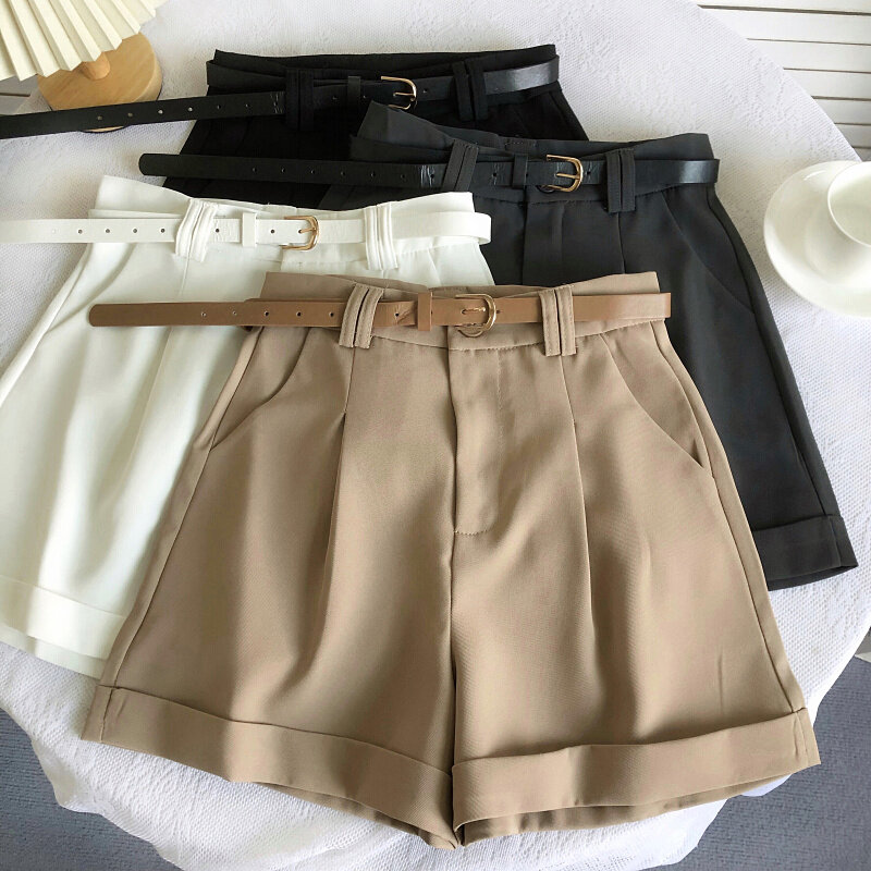 Korean Minimalist Versatile High Waisted Slim Casual Shorts Summer Fashion Solid Color Loose A-line Wide Leg Short With Belt