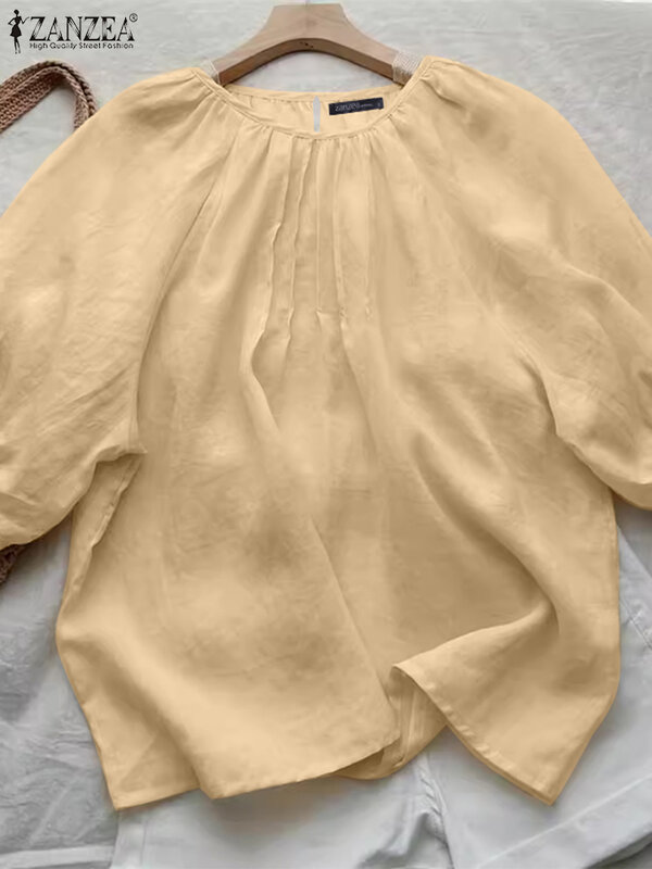 ZANZEA-túnica de cuello redondo para mujer, Blusa holgada informal coreana, Tops de manga corta, camisa Vintage, Blusa plisada Lisa elegante, 2024
