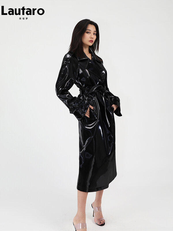 Lautaro-gabardina de charol reflectante para mujer, abrigo largo brillante, fajas, diseñador de lujo, pasarela, moda europea, primavera y otoño