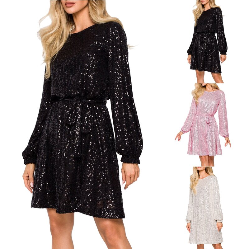 Long Sleeve Dress For Women Solid Color Tie Waist Glitter Sparkly Sequin Dress For Women A-Line Ruched Black Dresses For Women