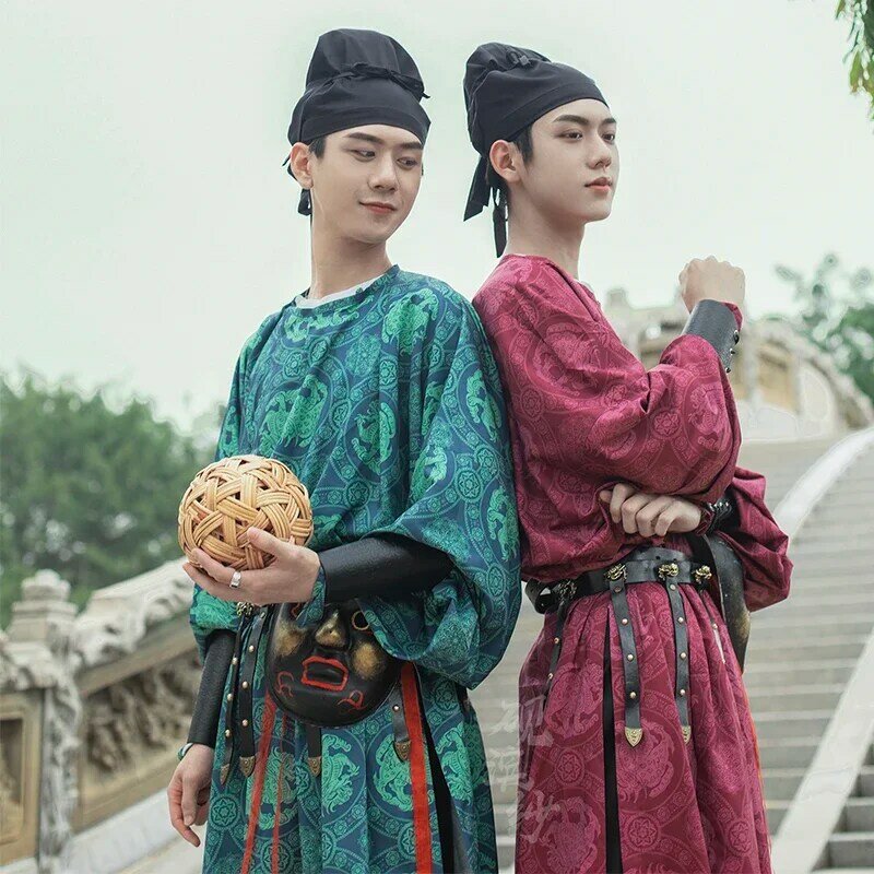 Vintage Ronde Hals Leeuw Bedrukte Hanfu Gewaad Mannen Oude Chinese Kostuums Tang Dynastie Samurai Cosplay Toneelkleding