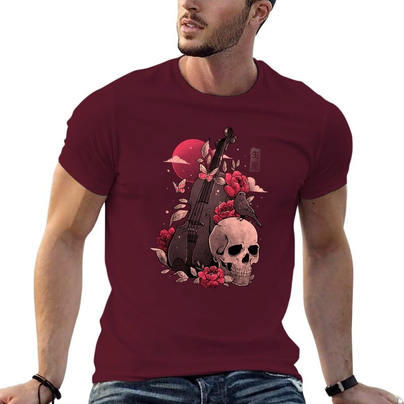 T-shirt de algodão extragrande para homens, Morte e Música Cello crânio, dom mal, camisa de suor liso, novo