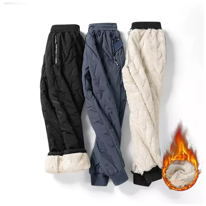 Calça de esqui masculina de lã de cordeiro, calça larga grossa forrado com lã, calça snowmobile à prova de vento, tamanho grande, roupa de inverno