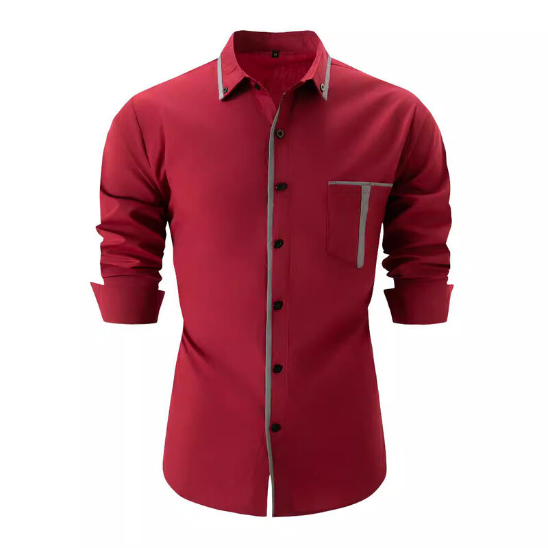 Camisa justa clássica de manga comprida masculina, cor sólida, bolso, negócio, casual, branco, marca, novo, 2022