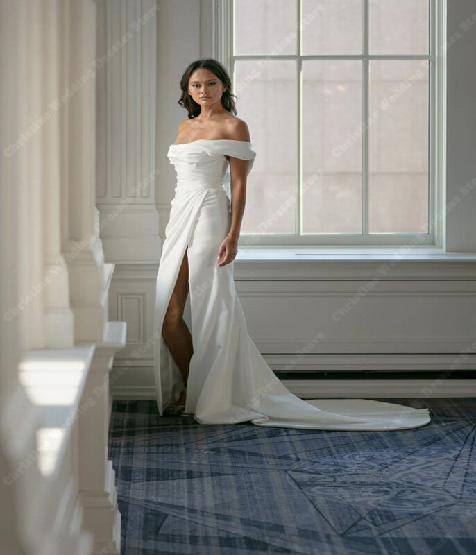 Платье свадебное с открытыми плечами и высоким разрезом, элегантный минималистичный классический облегающий наряд русалки, индивидуальный пошив