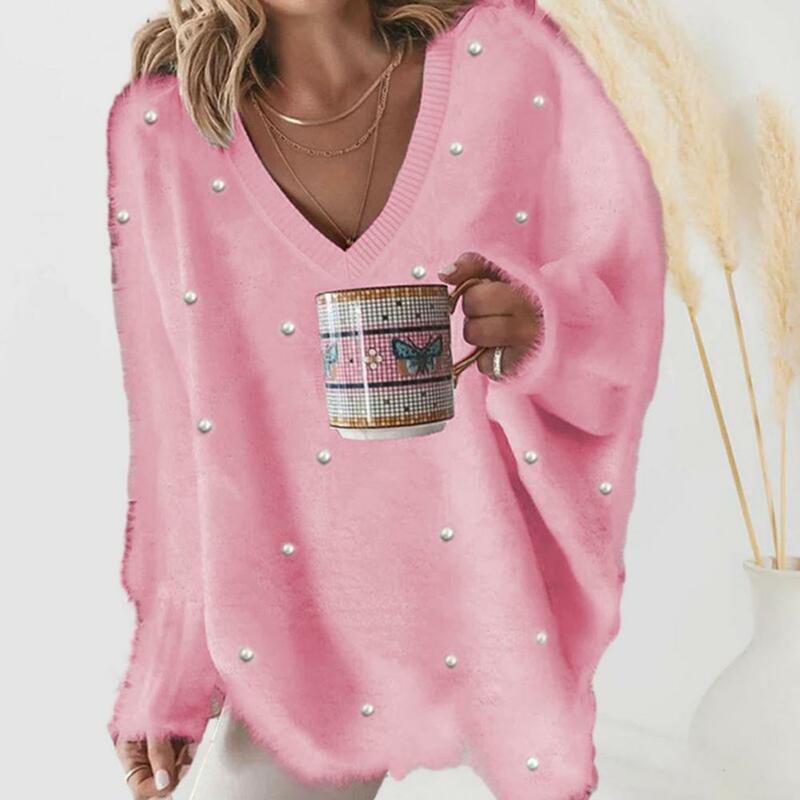 Sweter V-neck wanita sweter mewah kerah v nyaman dengan detail manik-manik untuk wanita Pullover musim dingin hangat atasan rajut warna Solid lembut