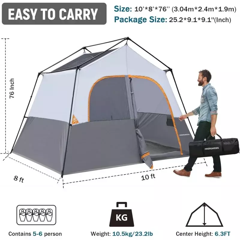 HIKERGARDEN 6 Person Camping Tent - Portable Easy Set Up Family Tent for Camp, Windproof Fabric Cabin Tent Outdoor for Hiking, B