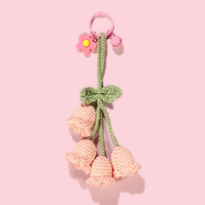 1Pcs Handmade Knitted Keychain Keyring For Women Fashion Yarn Crocheted Bell Orchid Flower Bag Pendants Car Key Ring Charms Gift