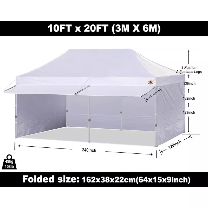 ABCCANOPYup namiot baldachim z markizą i ścianami bocznymi 10x20 Market-seria, biała