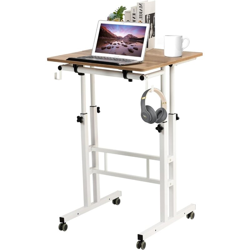 Altura ajustável pequena mesa em pé, Rolling Desk, Carrinho portátil para pé ou sentado, Vintage Oak Desk