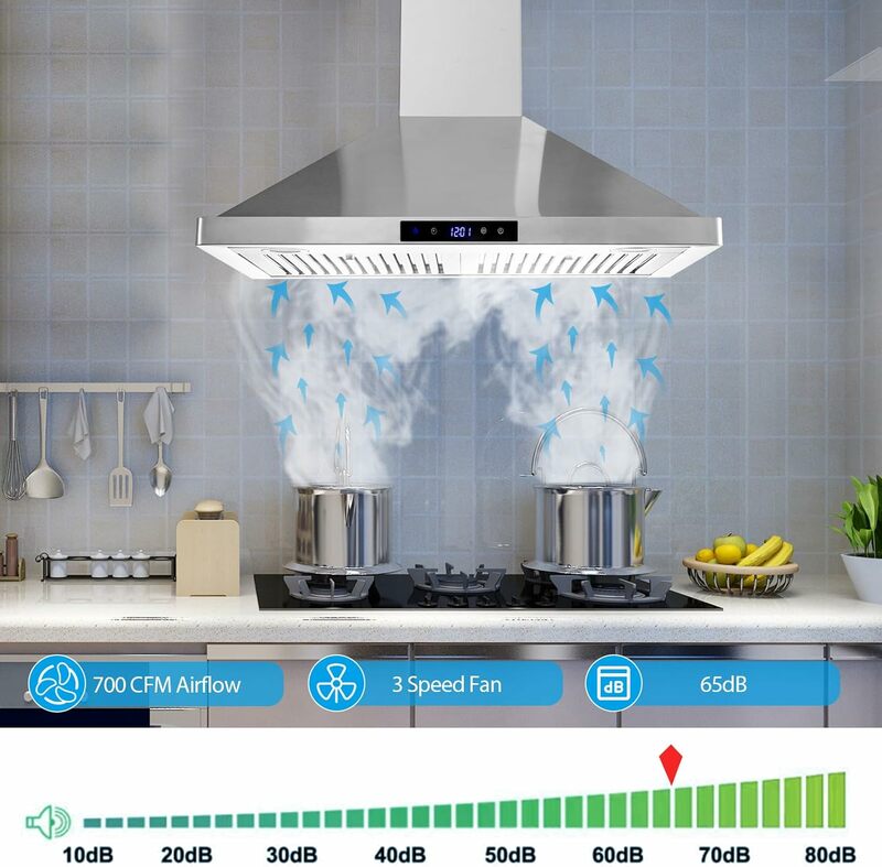 Tudung dapur 30 inci tudung dapur 700 CFM dengan saluran konvertibel bersaluran/ducless, kontrol sentuh, filter permanen