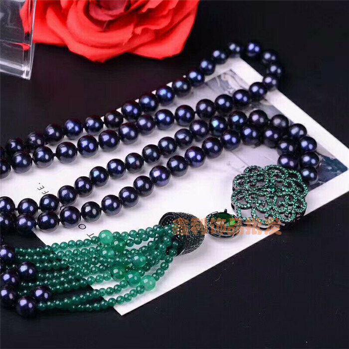 AAA 8-9mm natural tahitian black pearl necklace   buckle long chain flower necklace green jade tassel hanging 30inch